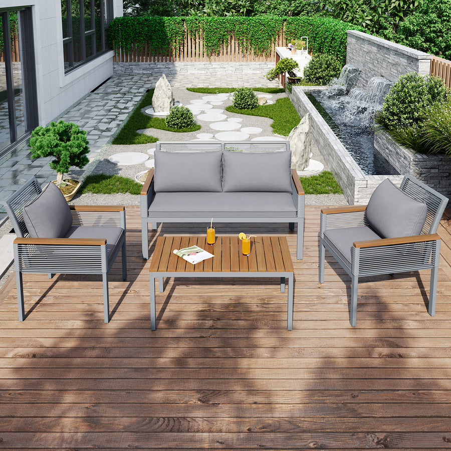 Salon de Jardin Premium en Rotin – Canapé, 2 Fauteuils & Table Basse | Gris